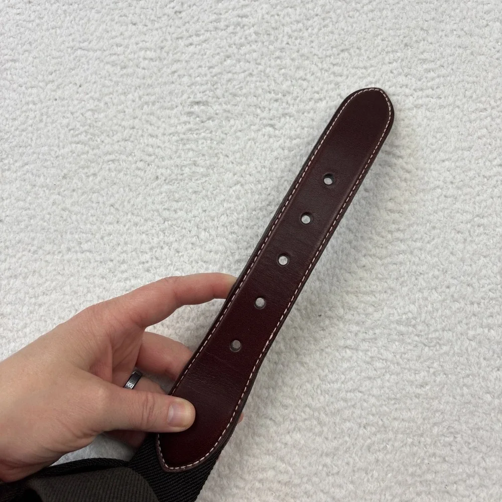 NEW LL BEAN‎ Mens Canvas Leather Waist Belt Size 44 Dark Brown Gold Brass Buckle